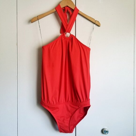 NWT Michael Kors POPPY Red Halter Blouson O-Ring One-Piece Swimsuit Sz. 6 - Picture 3 of 11